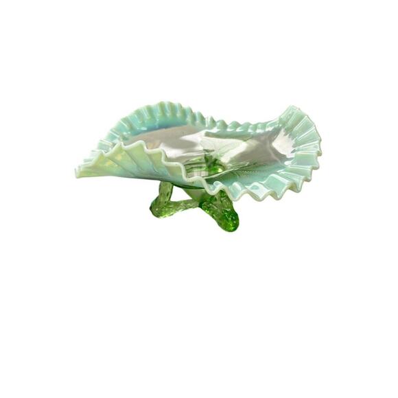 Vintage Green Opalescent Pressed Glass 3 Footed Ruffled Design Candy Dish 8 1/2" - Picture 3 of 9